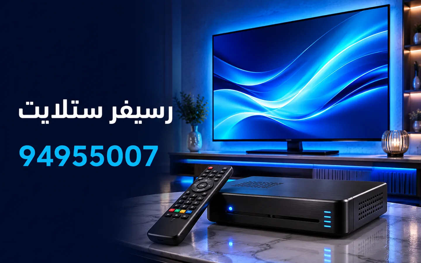 ريموت الرسيفر أمام شاشة التلفزيون بعد ضبط القنوات