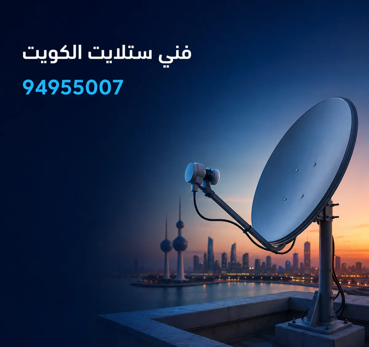 فني ستلايت الكويت — طبق ستلايت على سطح مبنى وأبراج الكويت في الخلفية